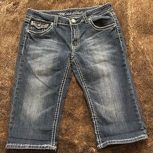 MISS CHIC Dark Blue Faded Stretch Crystal Detail Denim Capris 13